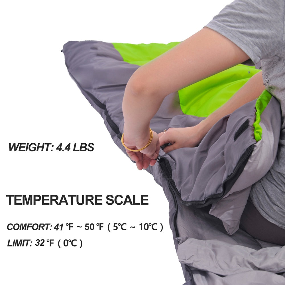 Camping Bag Weighs 4.4 lbs and is comfortable  to 41 degrees F with a limit of 32 degrees F